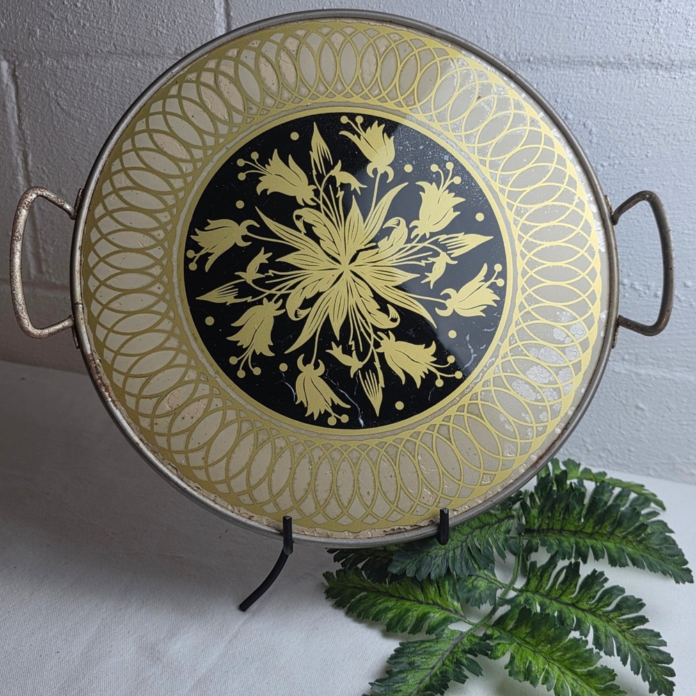 Vintage 1940s West Germany Round Metal Serving Tray Black Gold Bellflower